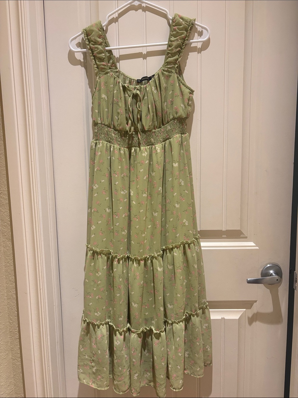 Girls' Light Green Floral Tiered Sundress with Smocked Waist